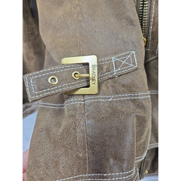 Y2K Bradley Bayou Leather Brown Bomber Coat Jacket Removable Fur Collar Wom XL - Picture 12 of 12